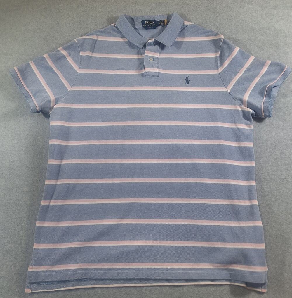 Polo Ralph Lauren Classic Fit Polo Shirt XXL Light Blue Pink Striped Mesh Cotton